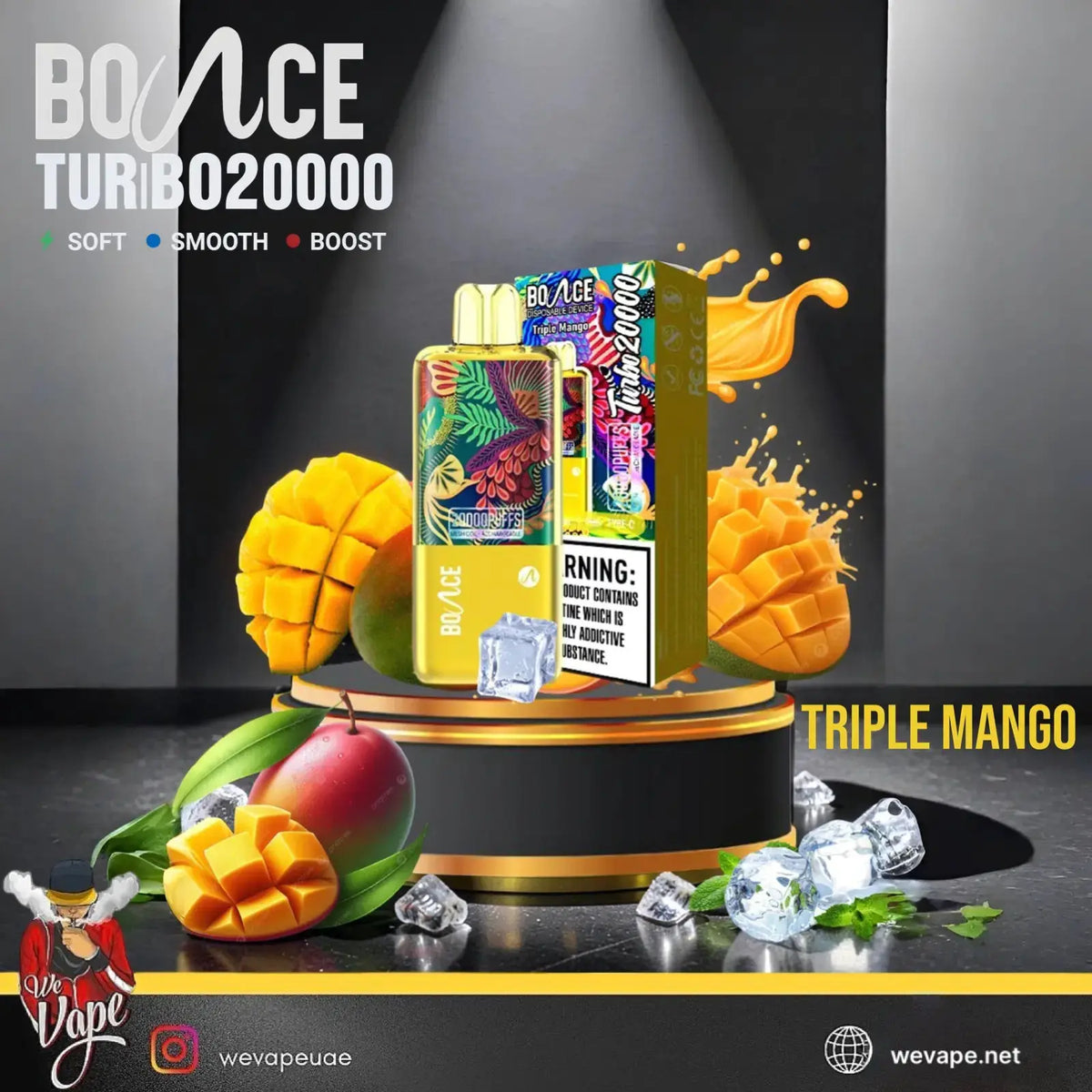 A Bounce Turbo 20000 disposable vape device and its packaging box displayed on a black pedestal with 'TRIPLE MANGO' text. The device and box feature a vibrant tropical mango and citrus design.