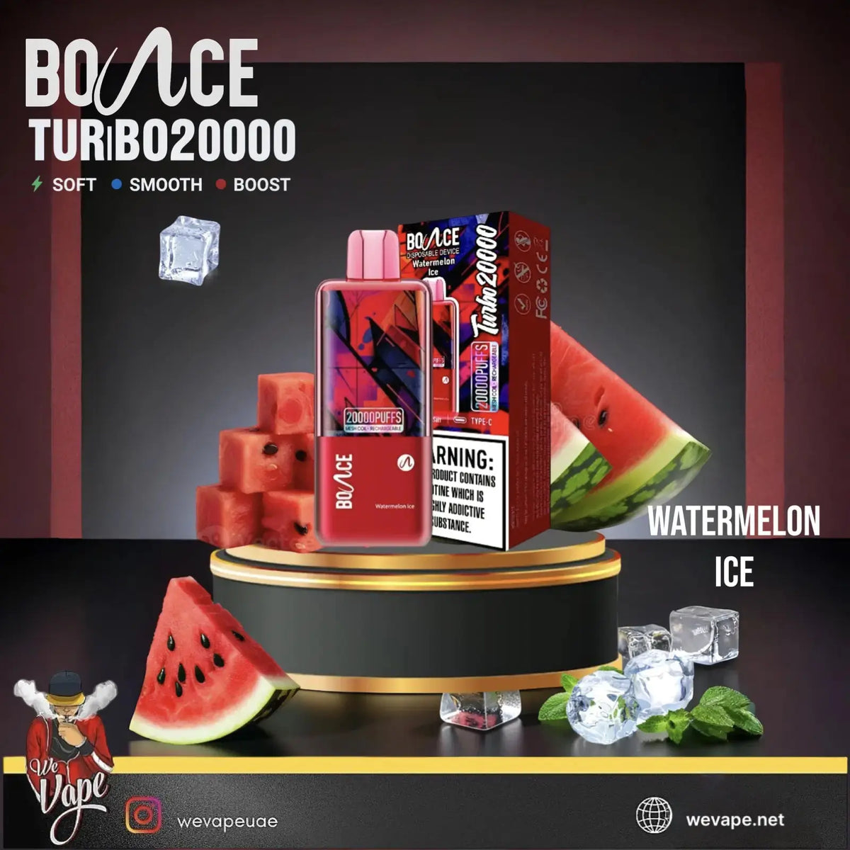 Bounce Turbo 20000 disposable vape device in Watermelon Ice flavor, displayed on a black and gold pedestal with watermelon slices, ice cubes, and mint leaves against a dark gradient background.