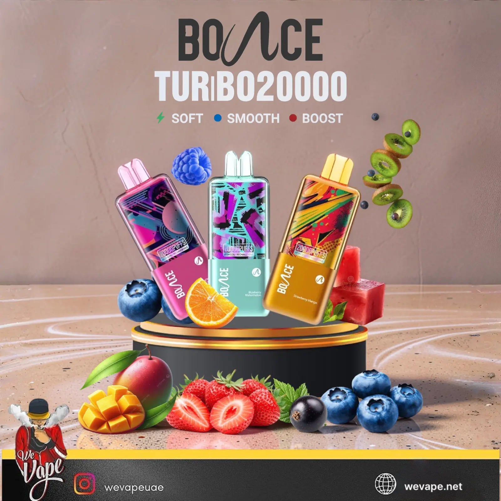 Three Bounce Turbo 20000 disposable vape devices in pink, mint green, and gold are displayed on a black pedestal with various fruits like strawberries, blueberries, kiwi, and mango around them. The background is a textured beige wall with Bounce branding and flavor indicators.