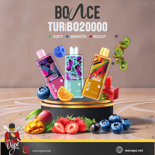 Three Bounce Turbo 20000 disposable vape devices in pink, mint green, and gold are displayed on a black pedestal with various fruits like strawberries, blueberries, kiwi, and mango around them. The background is a textured beige wall with Bounce branding and flavor indicators.