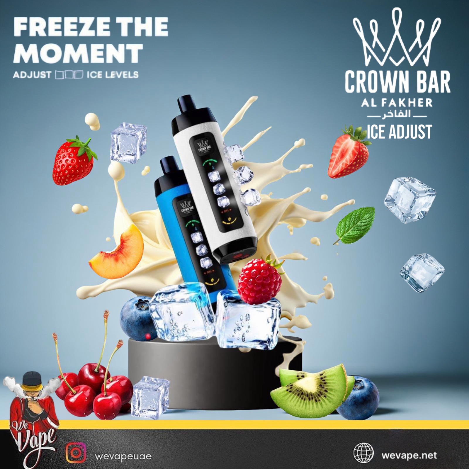 Vape devices with ice cubes and fruits on a blue background, featuring Crown Bar Al Fakher branding. ORDER NOW!