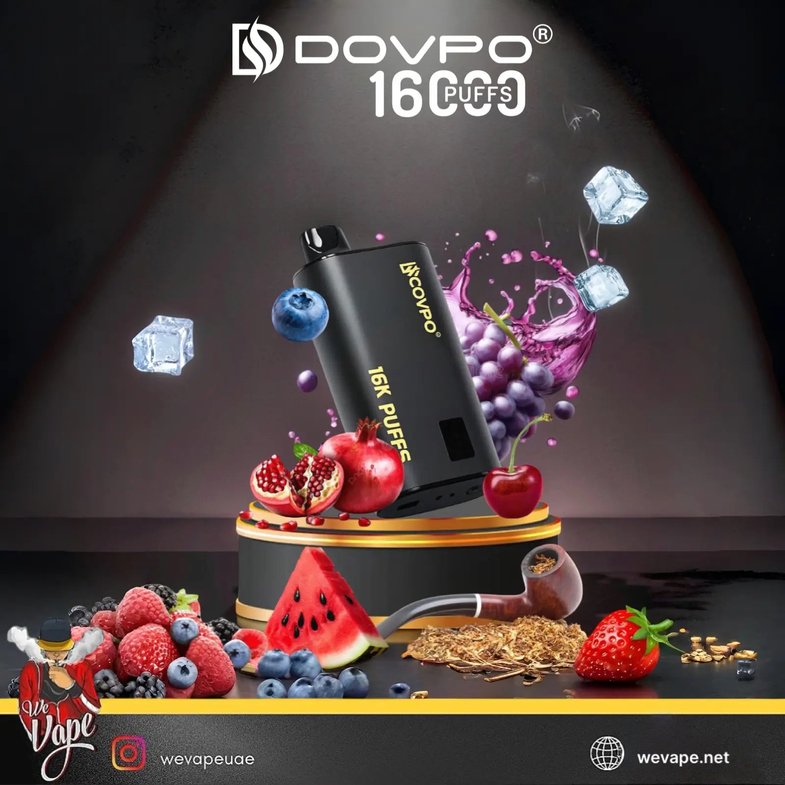 A black DOVPo 16k puffs disposable vape device is shown in a stylized promotional composition with fruit, berries, ice cubes, and a purple liquid splash around it on a dark background. The DOVPo branding is visible at the top and on the device. (Non Rechargeable)