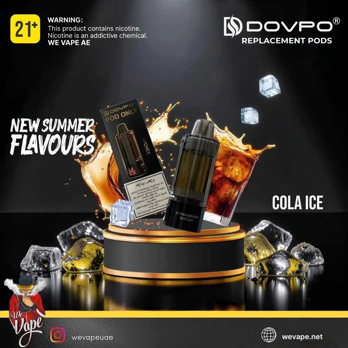 A promotional graphic for a DOVPO replacement pod vape product, flavor Cola Ice. The image features a black and gold pod device and its packaging box, surrounded by ice cubes and a splash of cola, set against a dark background with branding and flavor text. Order Now and get PROMO BUY 4 GET FREE. wevape.net