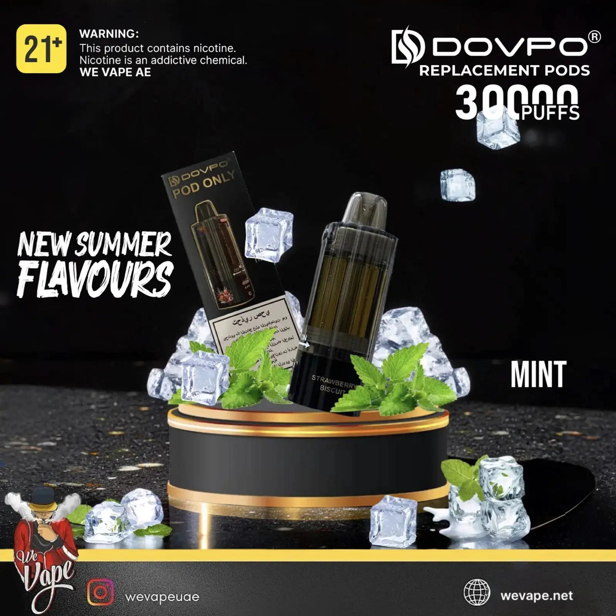 A black and gold DOVPO replacement pod vape device displayed with mint leaves and ice cubes on a black pedestal, alongside its retail box. Order Now and get PROMO BUY 4 GET FREE. wevape.net