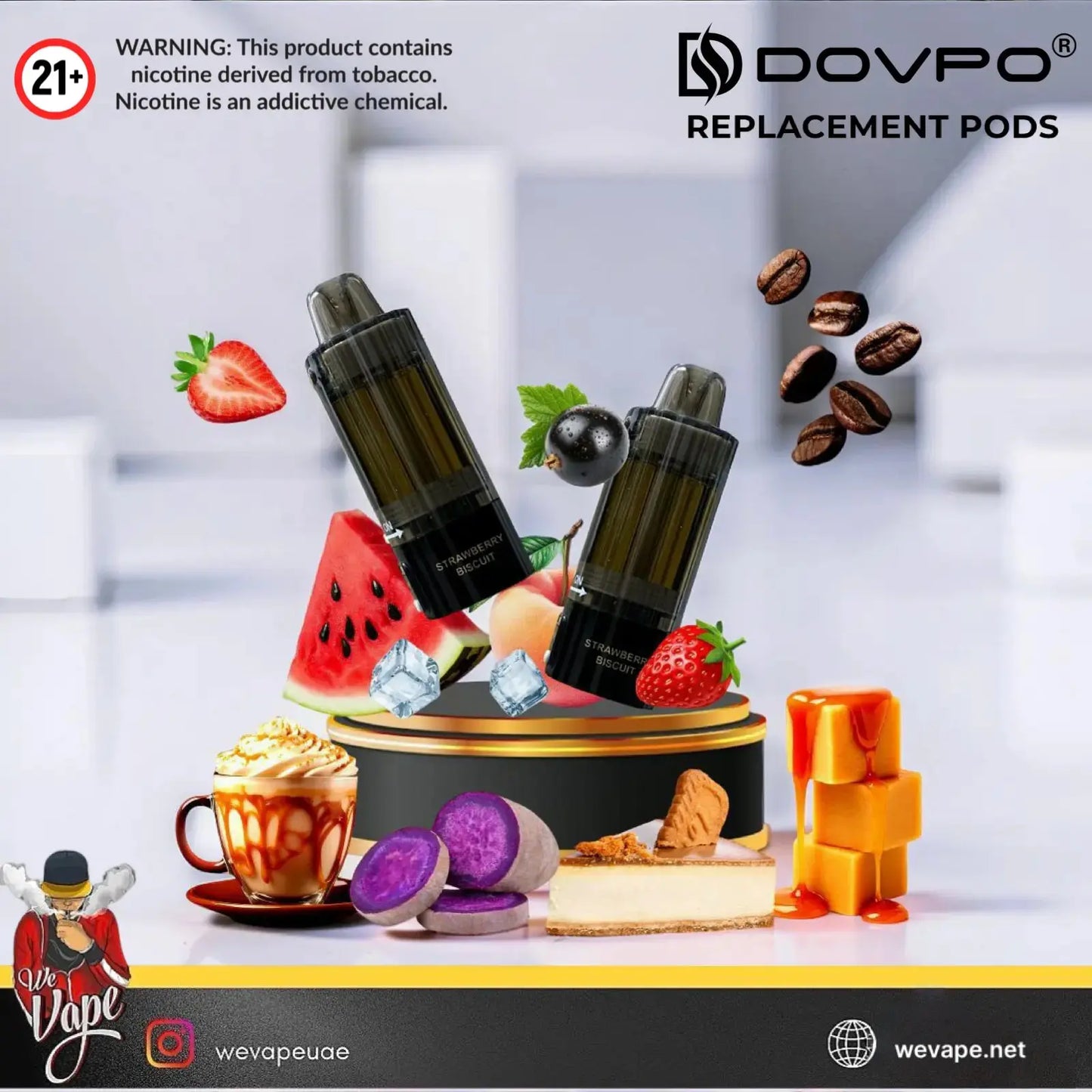 Two black replacement vape pods displayed on a black and gold pedestal, surrounded by flavor-themed props including strawberries, watermelon, coffee beans, a cup of hot chocolate, purple and cream pastries, and orange cubes. The image includes the DOVPO brand name and a nicotine warning label. Order Now and get PROMO BUY 4 GET FREE. wevape.net