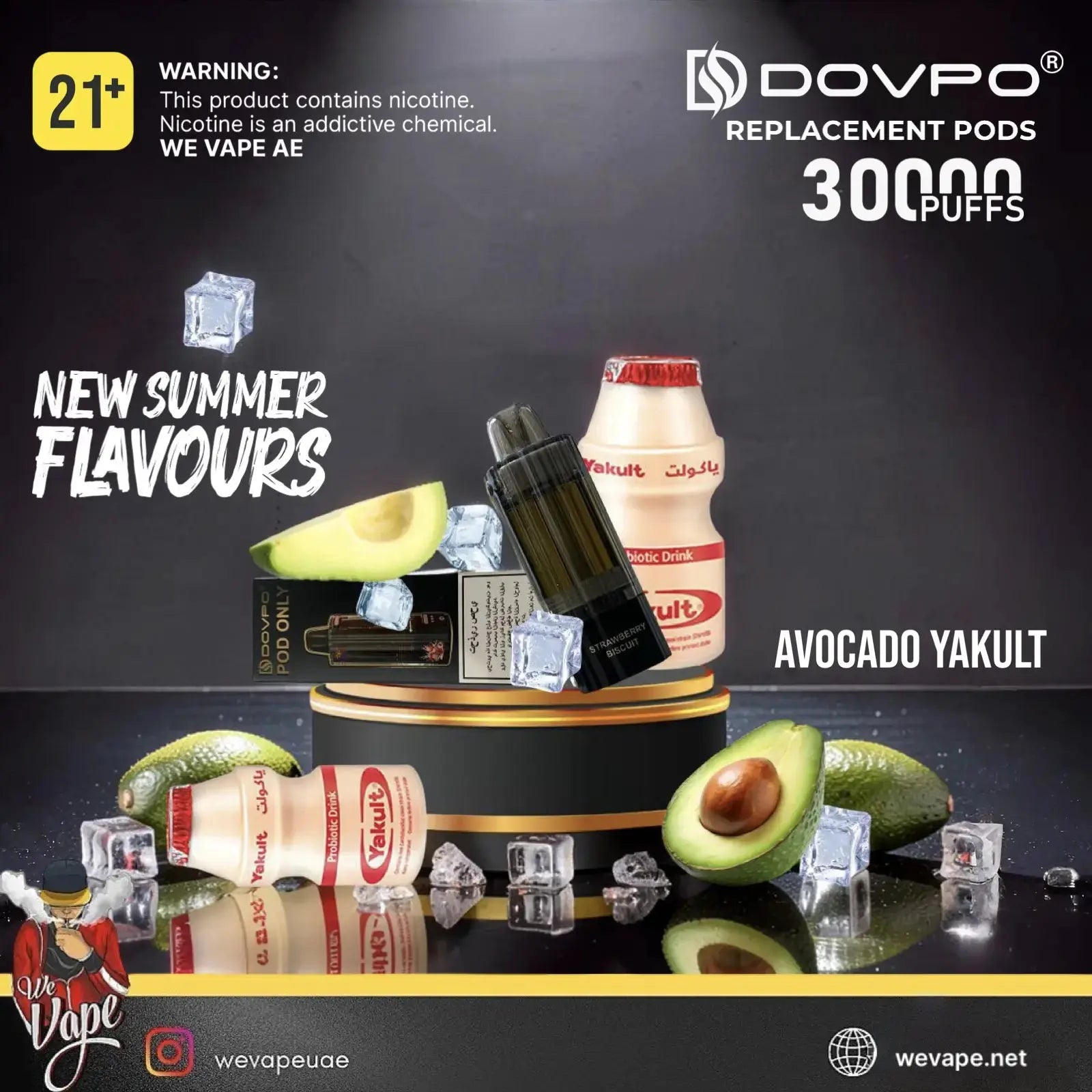 Promotional product graphic for Dovpo replacement pods, featuring Avocado Yakult pods and a black pod displayed on a black pedestal with ice cubes, sliced avocados, and flavor text. The image includes a 21+ warning, product count '30000 PUFFS', and brand logos for Dovpo and We Vape. Order Now and get PROMO BUY 4 GET FREE. wevape.net