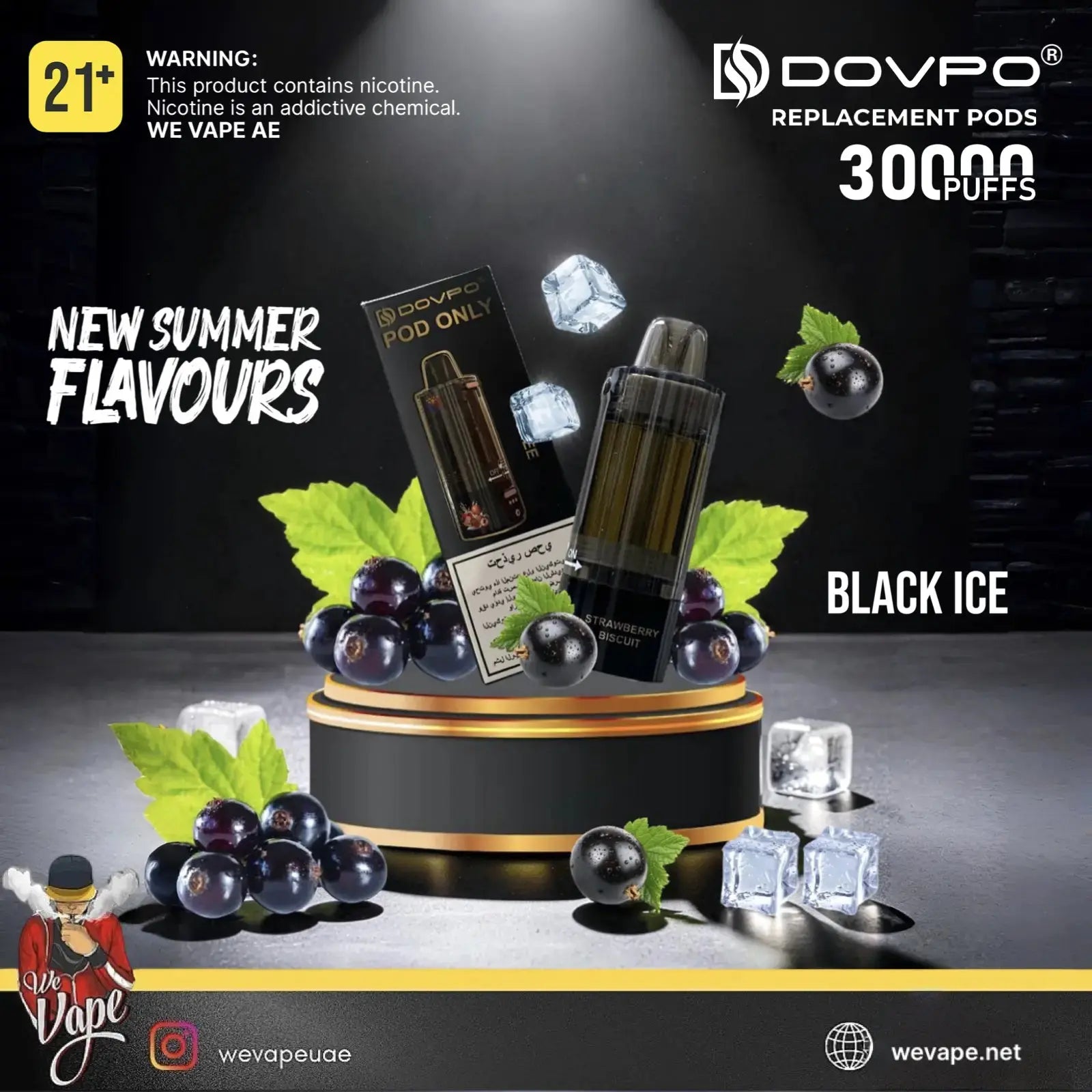 A promotional product graphic for DOVPO replacement pods, specifically the 'Black Ice' flavor. The image shows a black pod bottle and its retail box arranged on a black pedestal with gold trim, surrounded by dark berries, green leaves, ice cubes, and text overlays. Order Now and get PROMO BUY 4 GET FREE. wevape.net
