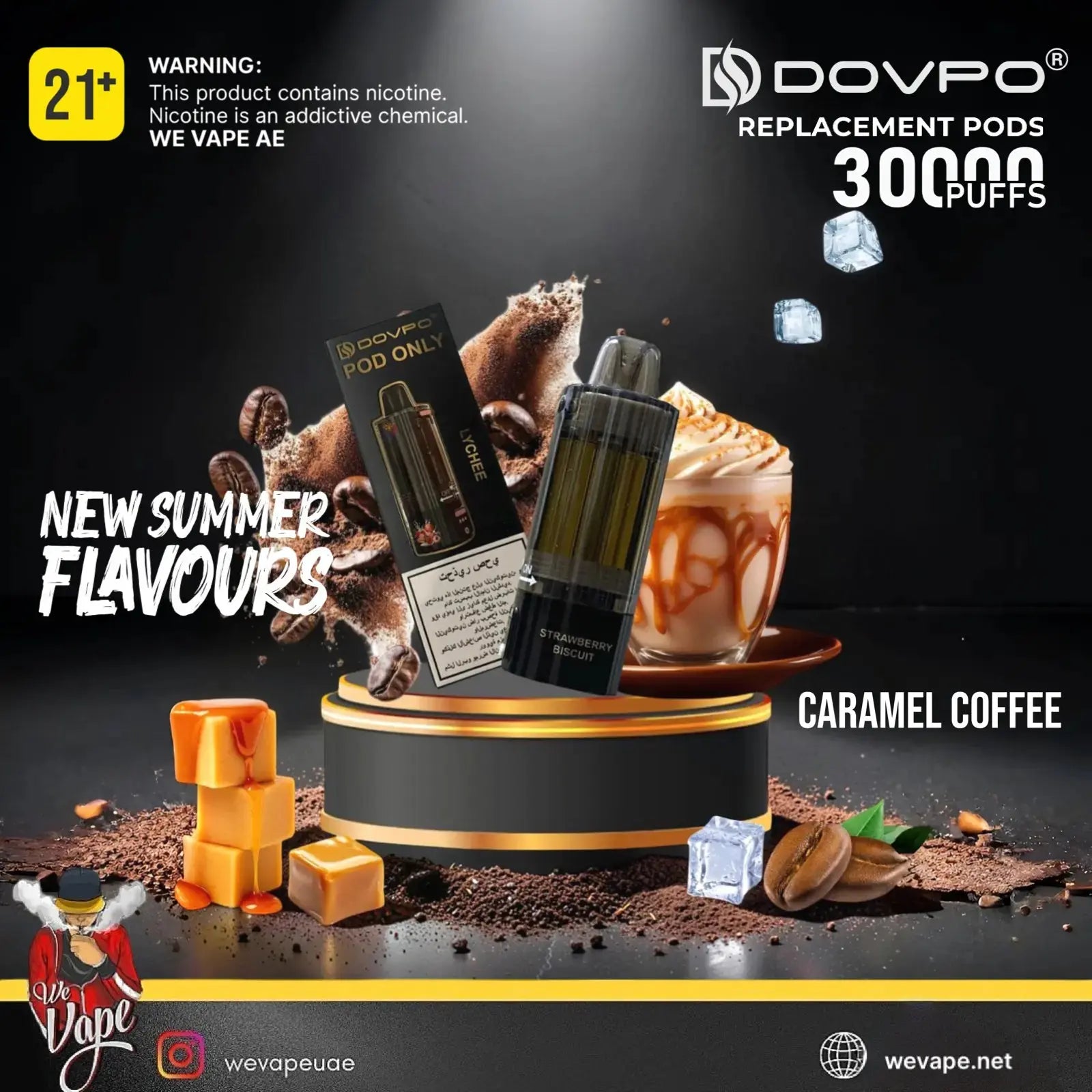 A promotional graphic for a DOVPO replacement pod e-liquid product, flavor Caramel Coffee. The image features a black and gold pod device and its packaging box, styled with caramel sauce, coffee beans, and a caramel coffee cup on a black background with promotional text overlays. Order Now and get PROMO BUY 4 GET FREE. wevape.net