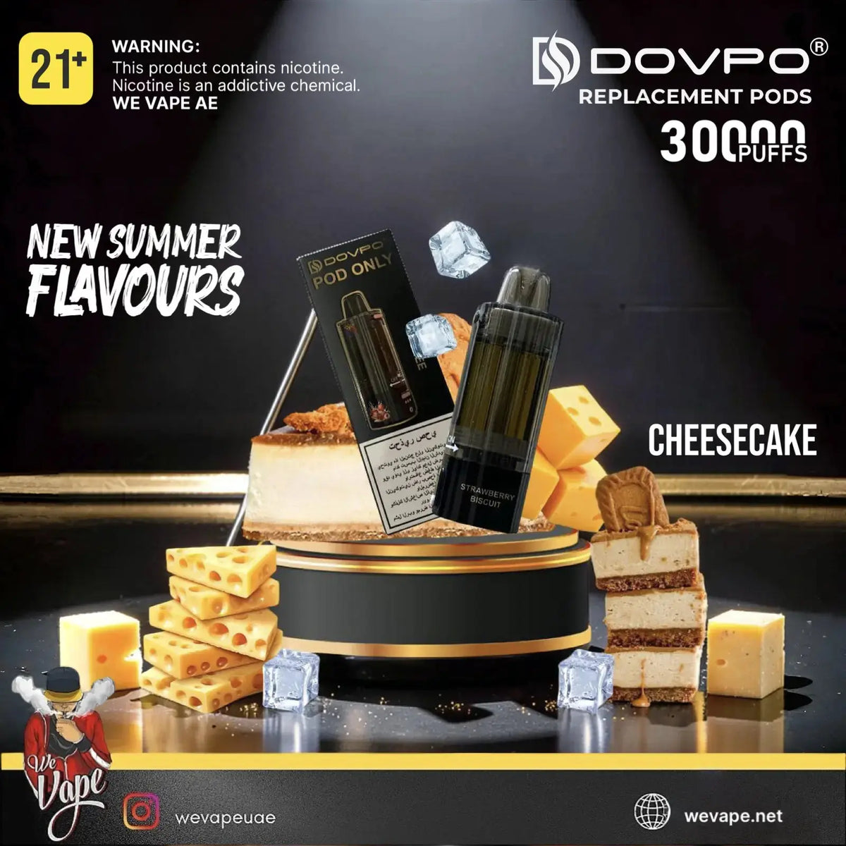 Promotional product graphic for Dovpo replacement pods, featuring two black vape pods and a box on a black display stand with cheesecake and cheese slices around them. Text reads 'New Summer Flavours', 'Cheesecake', '300 puffs', and includes warning and brand marks for Dovpo and We Vape. Order Now and get PROMO BUY 4 GET FREE. wevape.net