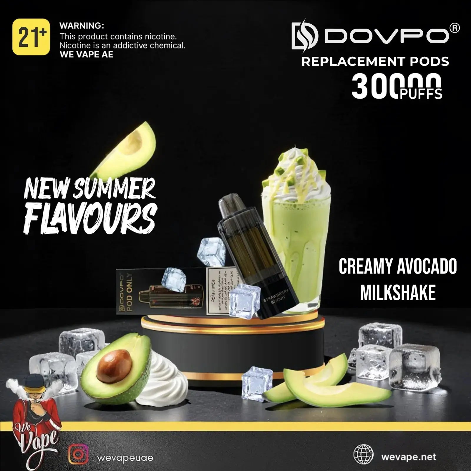 Promotional product graphic for DOVPO replacement pods, flavor Creamy Avocado Milkshake. The image shows a black cylindrical pod bottle, a box of pods, and a green avocado milkshake with whipped cream and ice, styled with sliced avocado and ice cubes on a black background with text overlays. Order Now and get PROMO BUY 4 GET FREE. wevape.net
