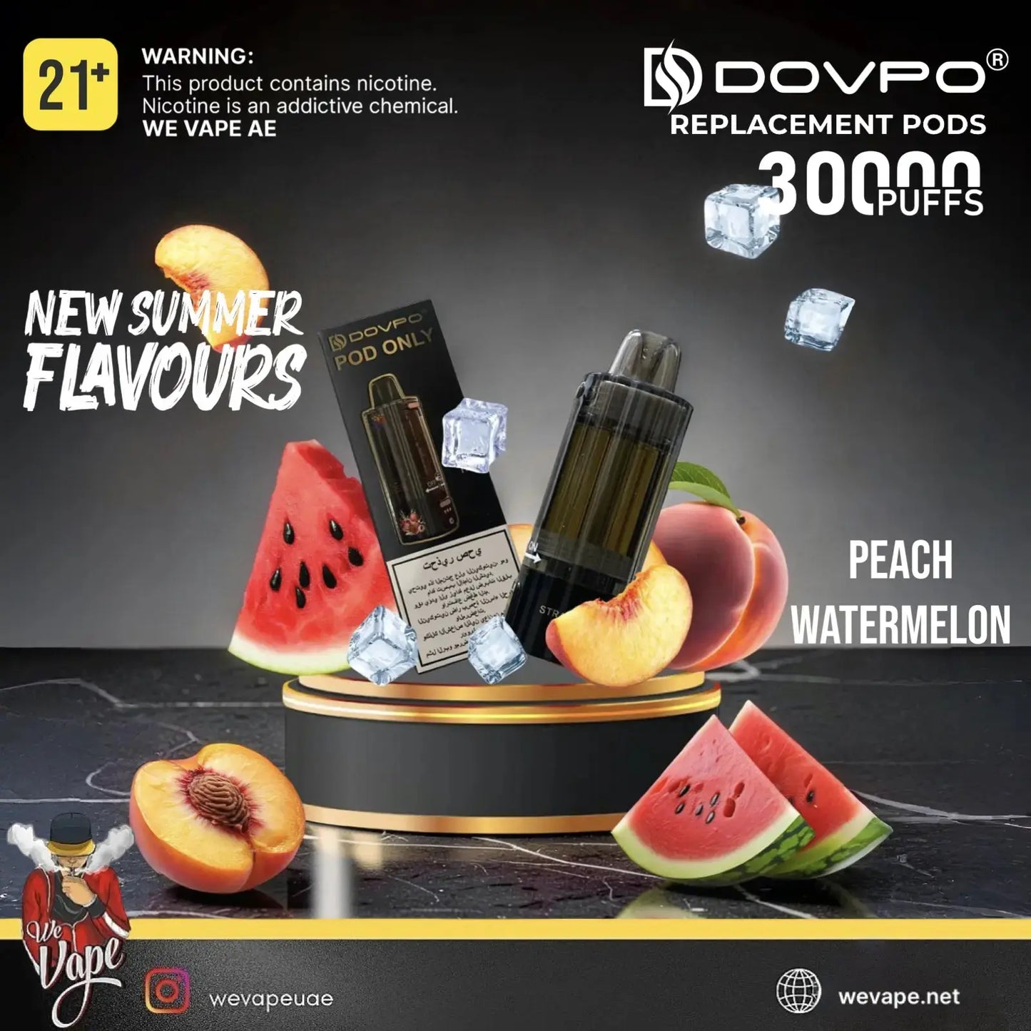 A promotional product graphic for a DOVPO replacement pod vape pod in Peach Watermelon flavor. The central subject is a black glass pod device and its black packaging box, presented on a black pedestal with floating ice cubes. Order Now and get PROMO BUY 4 GET FREE. wevape.net