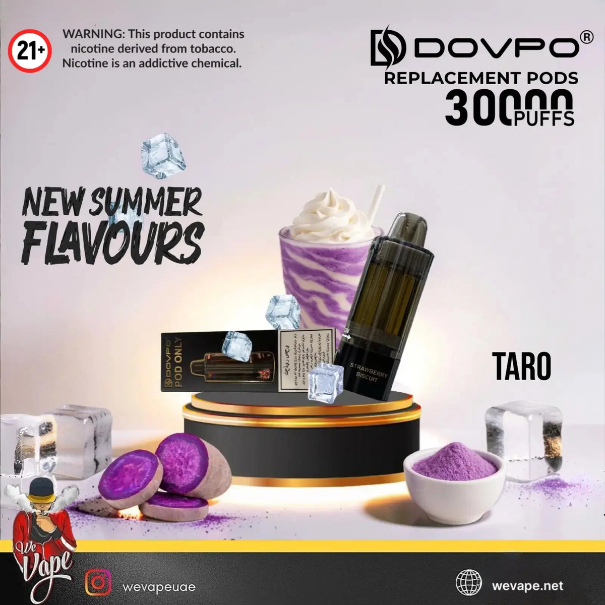 A promotional product graphic for Dovpo replacement pods, flavor Taro, showing a black pod bottle, a purple taro-flavored powder bowl, purple taro fruit slices, ice cubes, whipped cream in a cup, and packaging on a pedestal. Text includes 'NEW SUMMER FLAVOURS', 'DOVPO REPLACEMENT PODS 30000 PUFFS', and 'TARO'. Order Now and get PROMO BUY 4 GET FREE. wevape.net