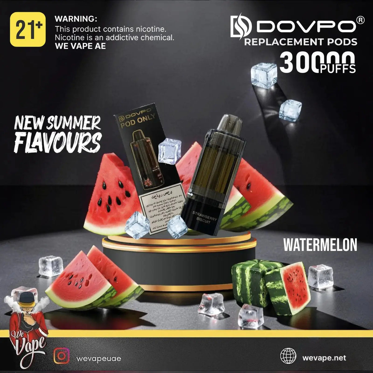 A promotional product shot for Dovpo replacement pods, flavor Watermelon. The main product is a black pod bottle with a metallic cap, displayed on a black pedestal surrounded by watermelon slices, ice cubes, and its retail box. Order Now and get PROMO BUY 4 GET FREE. wevape.net