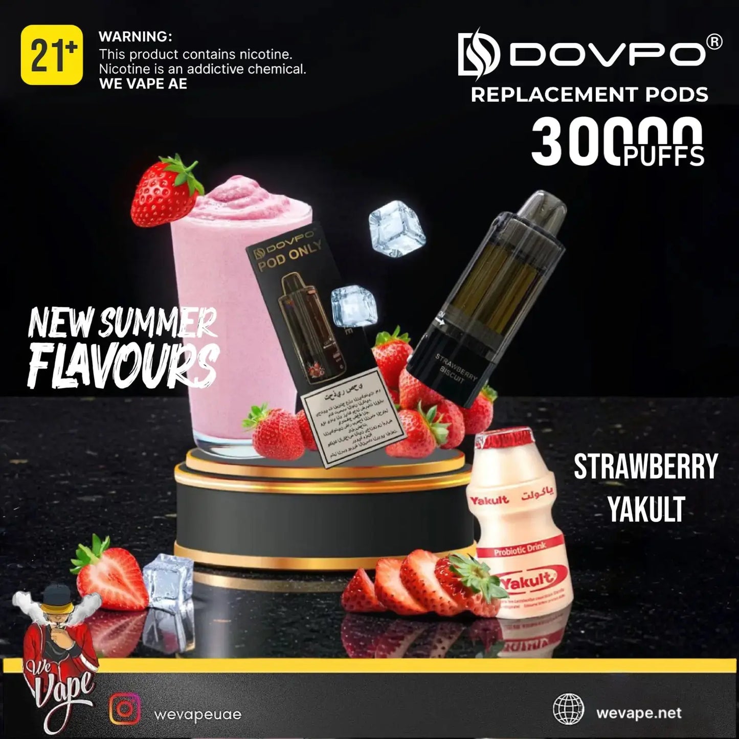 Promotional graphic for a DOVPO replacement pod vape product, flavor Strawberry Yakult. The image features a black and gold pod device, a pink strawberry milk drink, fresh strawberries, ice cubes, and a bottle of Yakult on a black reflective background with promotional text overlays. Order Now and get PROMO BUY 4 GET FREE. wevape.net
