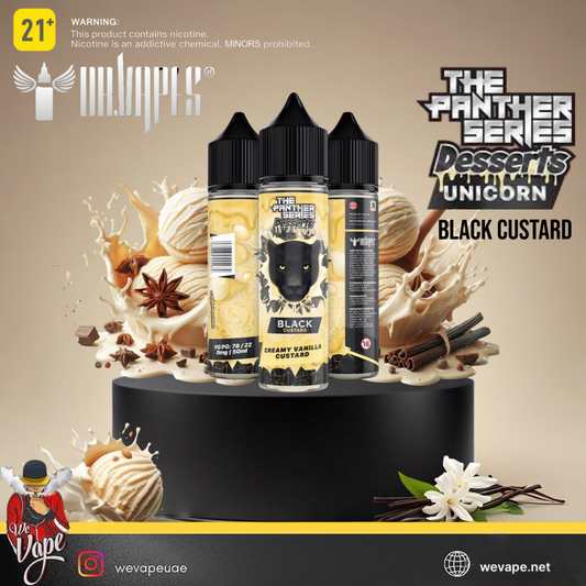 Two bottles of 'Black Custard' vape juice from the Panther Series on a decorative stand with vanilla and spice elements.