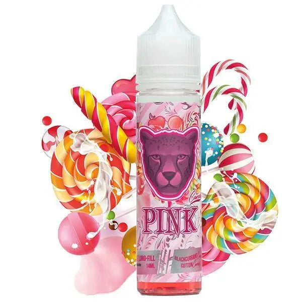 Dr Vapes juice bottle with pink panther design surrounded by colorful candy 