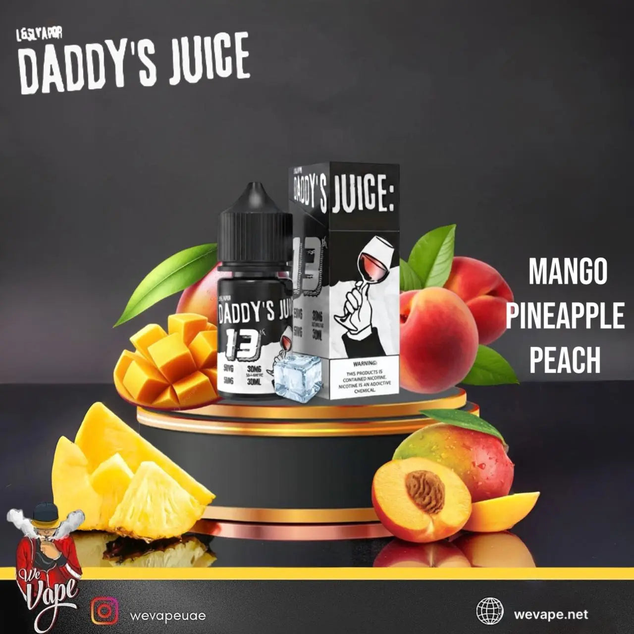 A bottle and box of DADDY'S JUICE e-liquid in the Mango Pineapple Peach flavor, displayed on a black and gold pedestal with fresh mango, peach, and pineapple slices around it on a dark studio background. Order Now and get FREE DELIVERY AND DISCOUNT.