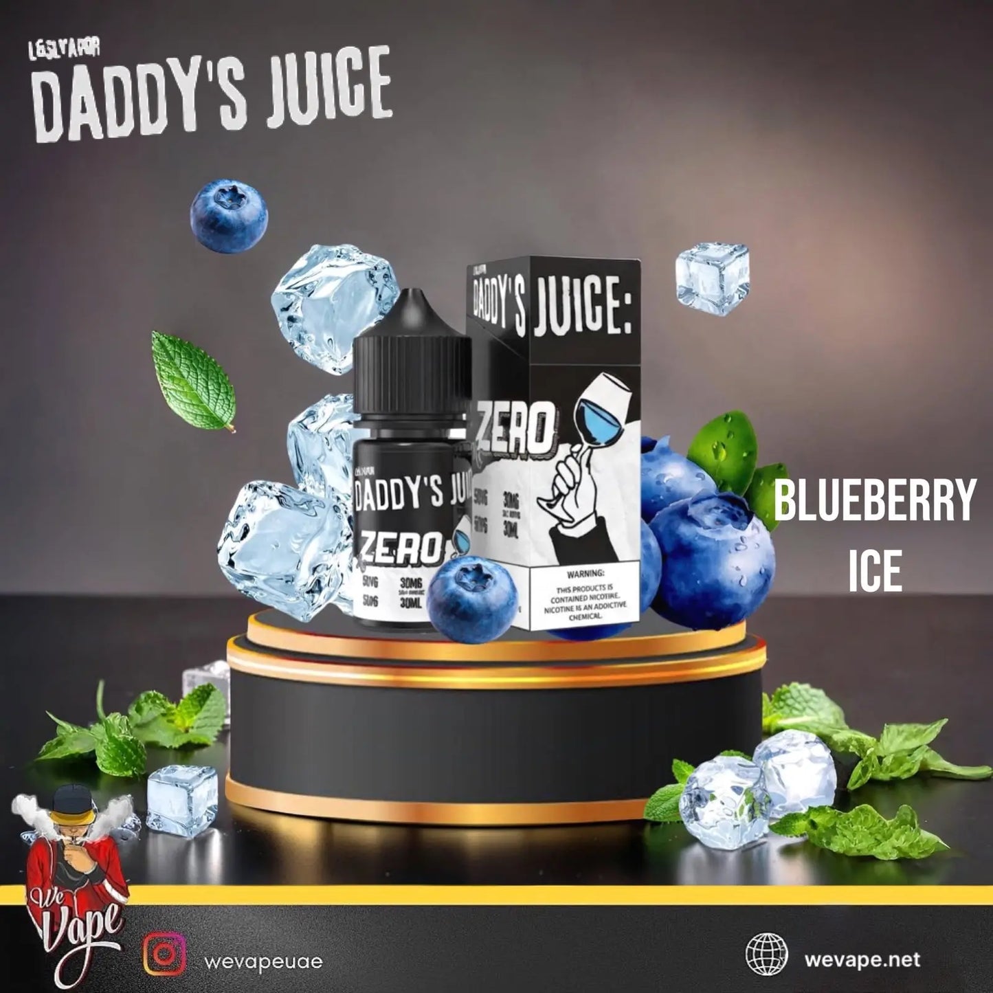 A bottle and box of DADDY'S JUICE Zero Blueberry Ice e-liquid are displayed on a black pedestal with floating blueberries, ice cubes, mint leaves, and the text 'BLUEBERRY ICE' on a dark gradient background.  Order Now and avail our Promo Offer Free Delivery!