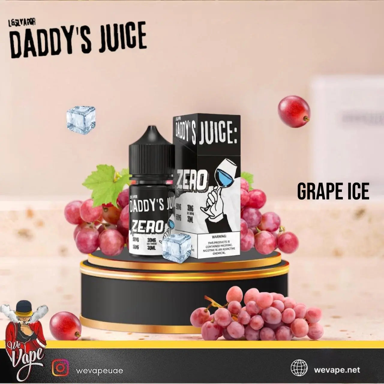 Daddy's Juice Grape Ice e-liquid bottle and packaging box displayed on a black and gold pedestal, surrounded by red grapes, ice cubes, and a beige background with flavor text. Order Now and avail our Promo Offer Free Delivery!