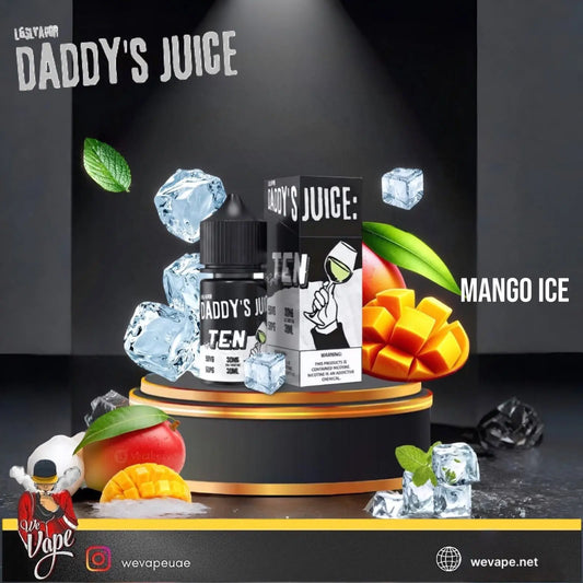 A bottle and box of DADDY'S JUICE TEN e-liquid in the Mango Ice flavor, displayed on a black and gold pedestal with floating ice cubes, mango slices, and green leaves against a dark background.  Order Now and avail our Promo Offer Free Delivery!    
