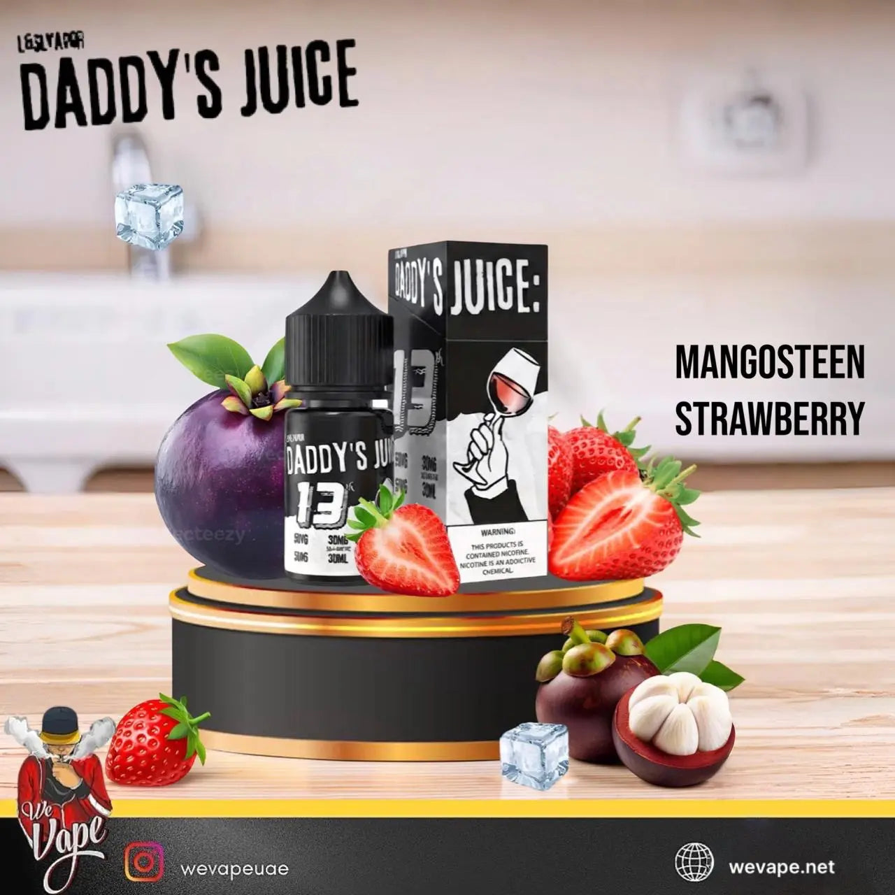 Daddy's Juice 13ml e-liquid bottle and box in 'Mangosteen Strawberry' flavor, styled with fresh strawberries, mangosteens, and ice cubes on a black and gold pedestal. The background is a blurred kitchen setting. Order Now and avail our Promo Offer Free Delivery!