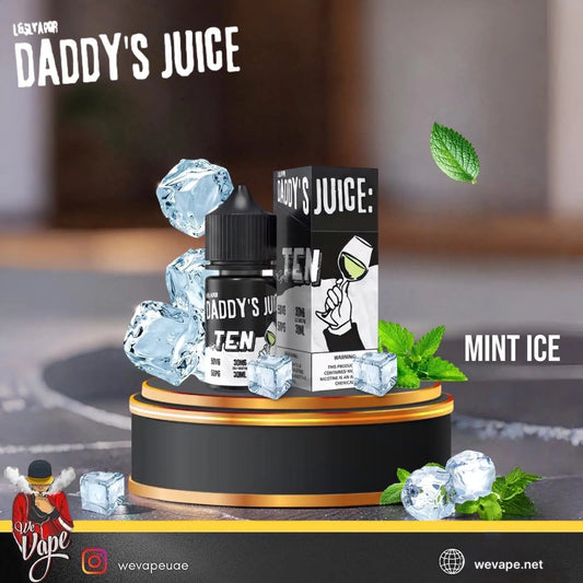 A bottle and box of LGS24R 'Daddy's Juice: Ten' in the 'Mint Ice' flavor, displayed on a black and gold pedestal with ice cubes, mint leaves, and flavor text overlays.  Order Now and avail our Promo Offer Free Delivery!    
