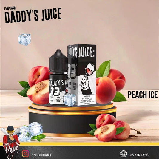 A bottle and box of Daddy's Juice Peach Ice e-liquid are displayed on a black and gold pedestal, surrounded by fresh peach halves, whole peaches, green leaves, and ice cubes. The background is a soft beige gradient with the text 'DADDY'S JUICE' and 'PEACH ICE'. ORDER NOW AND GET 20% OFF.