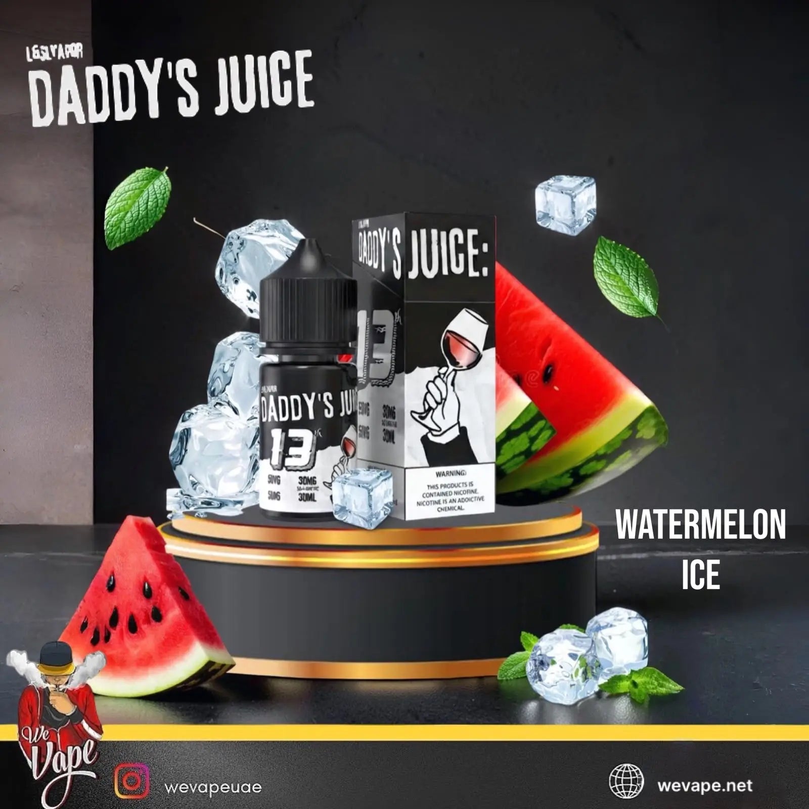 A bottle and box of Daddy's Juice e-liquid in the Watermelon Ice flavor, displayed on a black and gold pedestal with watermelon slices, ice cubes, and mint leaves against a dark background.  Order Now and avail our Promo Offer Free Delivery! 