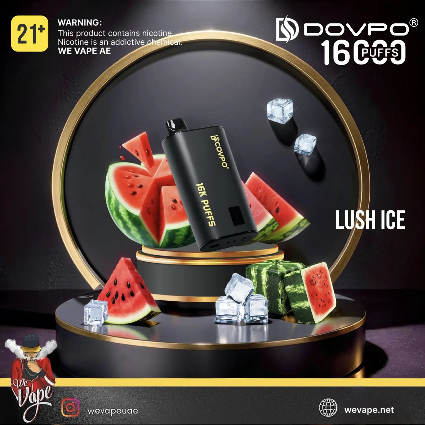 A black DOVPO 16PFUs disposable vape device labeled 'LUSH ICE' floating in front of a circular watermelon-themed graphic with ice cubes on a dark promotional background. 