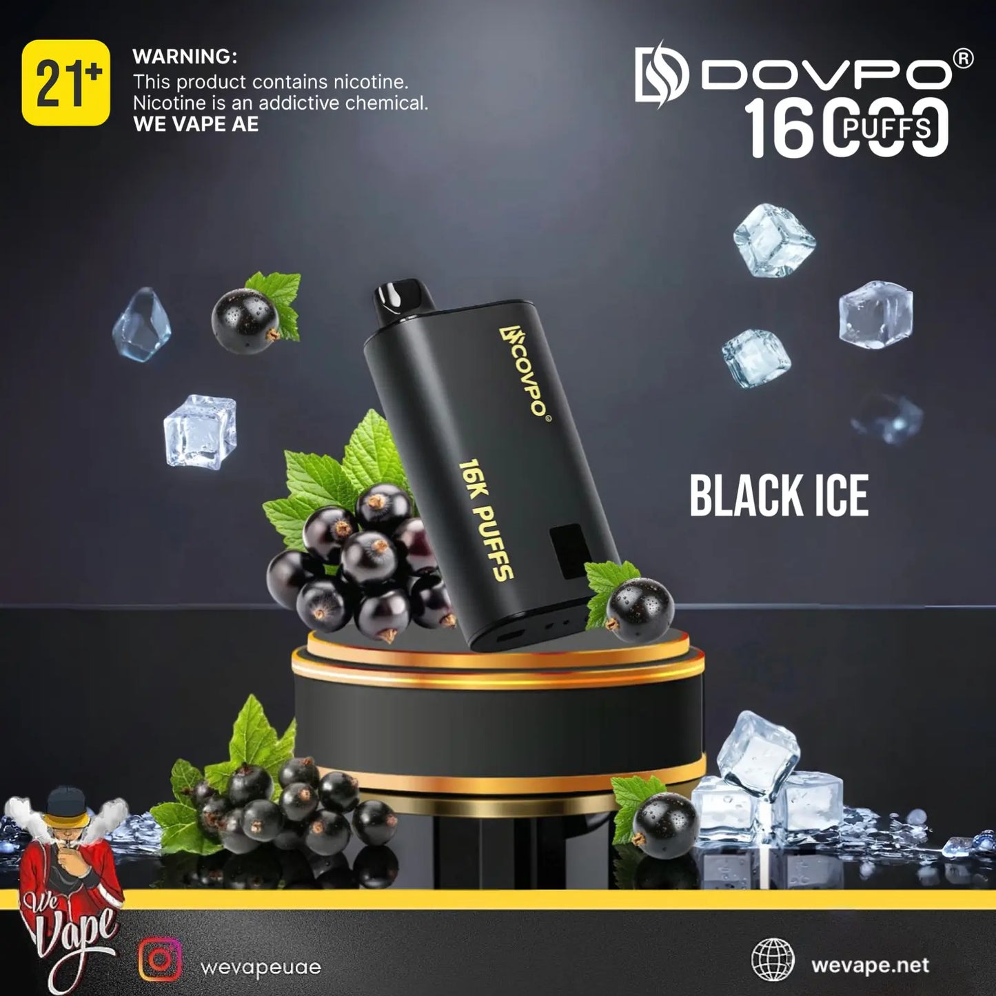 A black disposable vape device labeled 'DOVPO 16000 PUFFS' and 'BLACK ICE' is displayed on a dark promotional graphic with ice cubes, black berries, mint leaves, and branding text. The image includes warning text about nicotine and social handle/watermark elements.