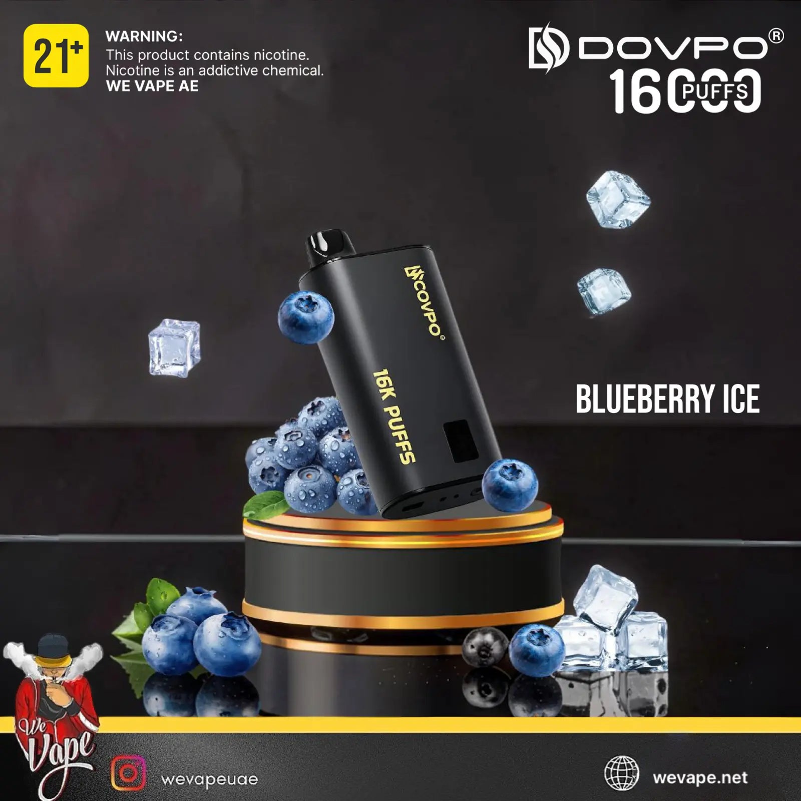 A black DOVPO 16000 puffs disposable vape device labeled 'BLUEBERRY ICE', displayed on a black and gold pedestal with blueberries and ice cubes against a dark background.