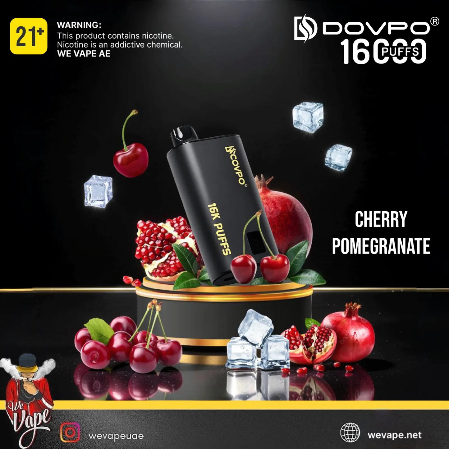 A black cylindrical vape device labeled 'DOVPO 16 PUFFS' and 'CHERRY POMEGRANATE' is centered on a glossy black background with cherry and pomegranate fruits, ice cubes, and decorative text. The brand name DOVPO is visible, along with flavor text and warning information.
