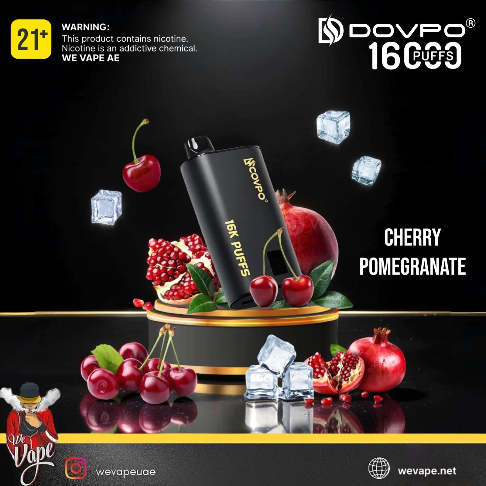 A black cylindrical vape device labeled 'DOVPO 16 PUFFS' and 'CHERRY POMEGRANATE' is centered on a glossy black background with cherry and pomegranate fruits, ice cubes, and decorative text. The brand name DOVPO is visible, along with flavor text and warning information.