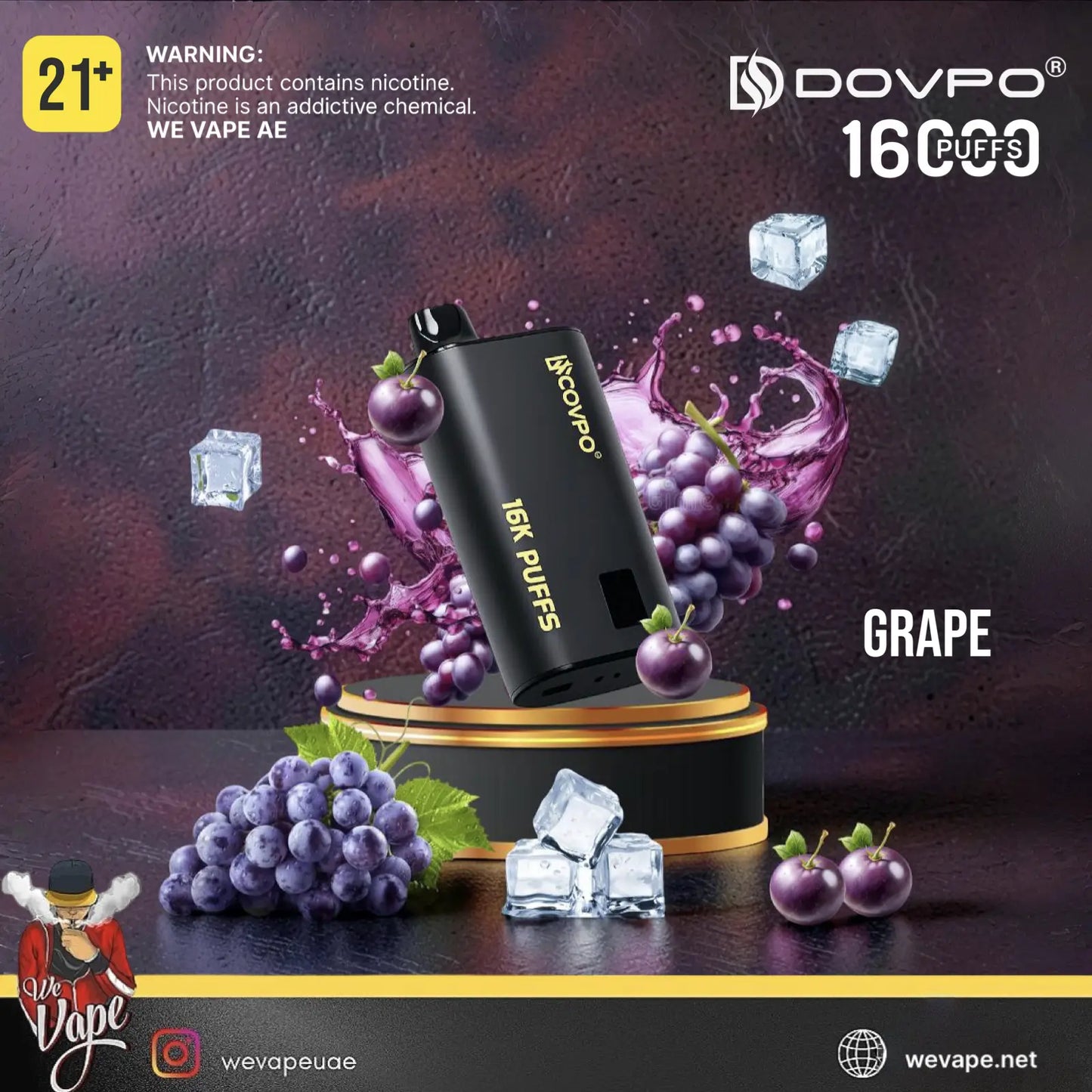 A black DOVPo 16P Puffs disposable vape device displayed on a gold and black pedestal, surrounded by grape illustrations, ice cubes, and a dark purple splash background. The DOVPo brand logo is visible in the top right, and a 21+ warning is shown in the top left.