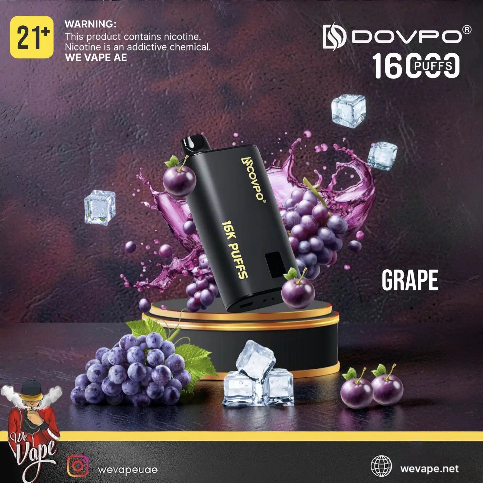 A black DOVPo 16P Puffs disposable vape device displayed on a gold and black pedestal, surrounded by grape illustrations, ice cubes, and a dark purple splash background. The DOVPo brand logo is visible in the top right, and a 21+ warning is shown in the top left.