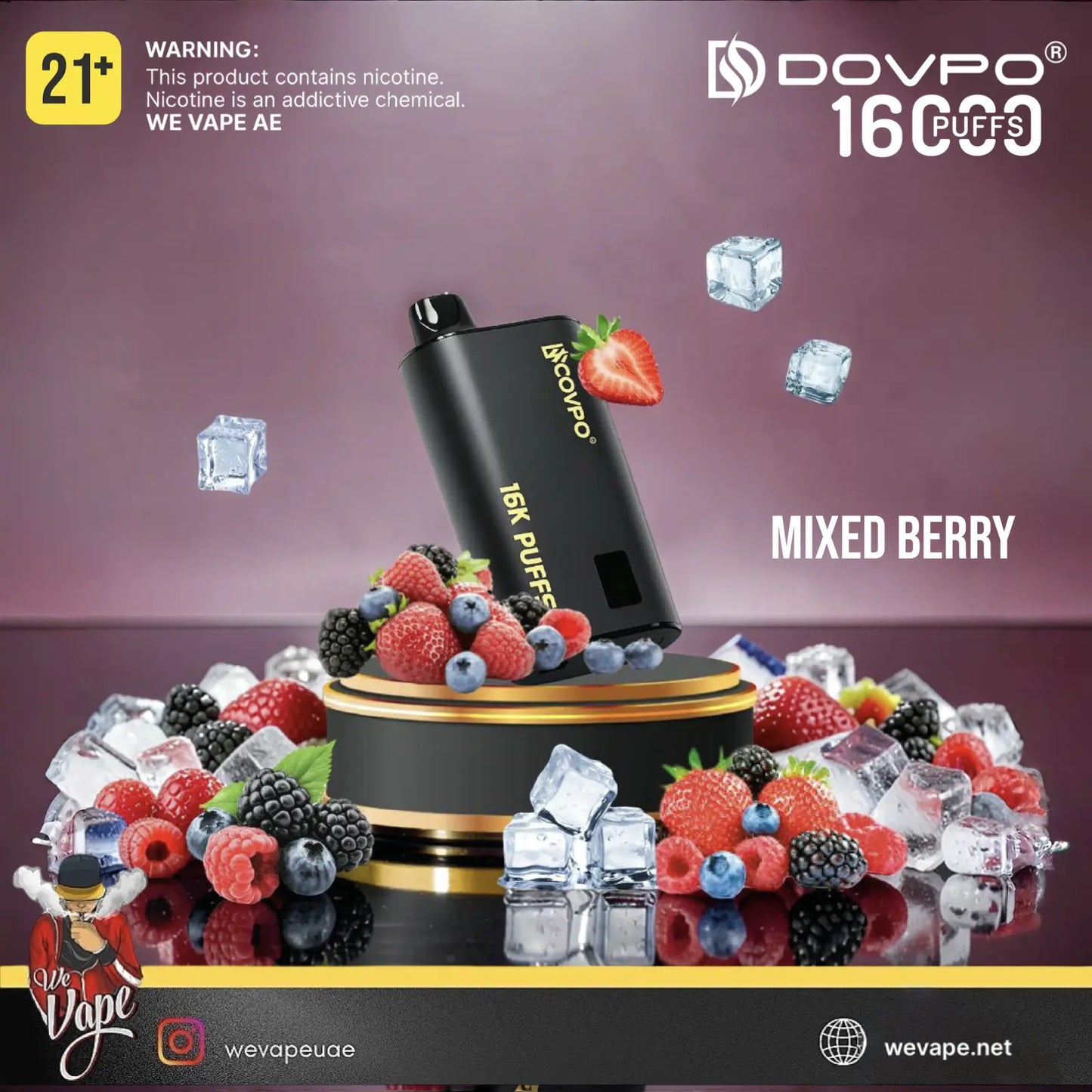 A black DOVPO 16000 Puffs disposable vape device labeled 'Mixed Berry,' shown on a reflective surface with berries, strawberries, and ice cubes against a purple gradient background. Branding text for DOVPO and '16000 Puffs' is visible, along with a nicotine warning and social handle text.