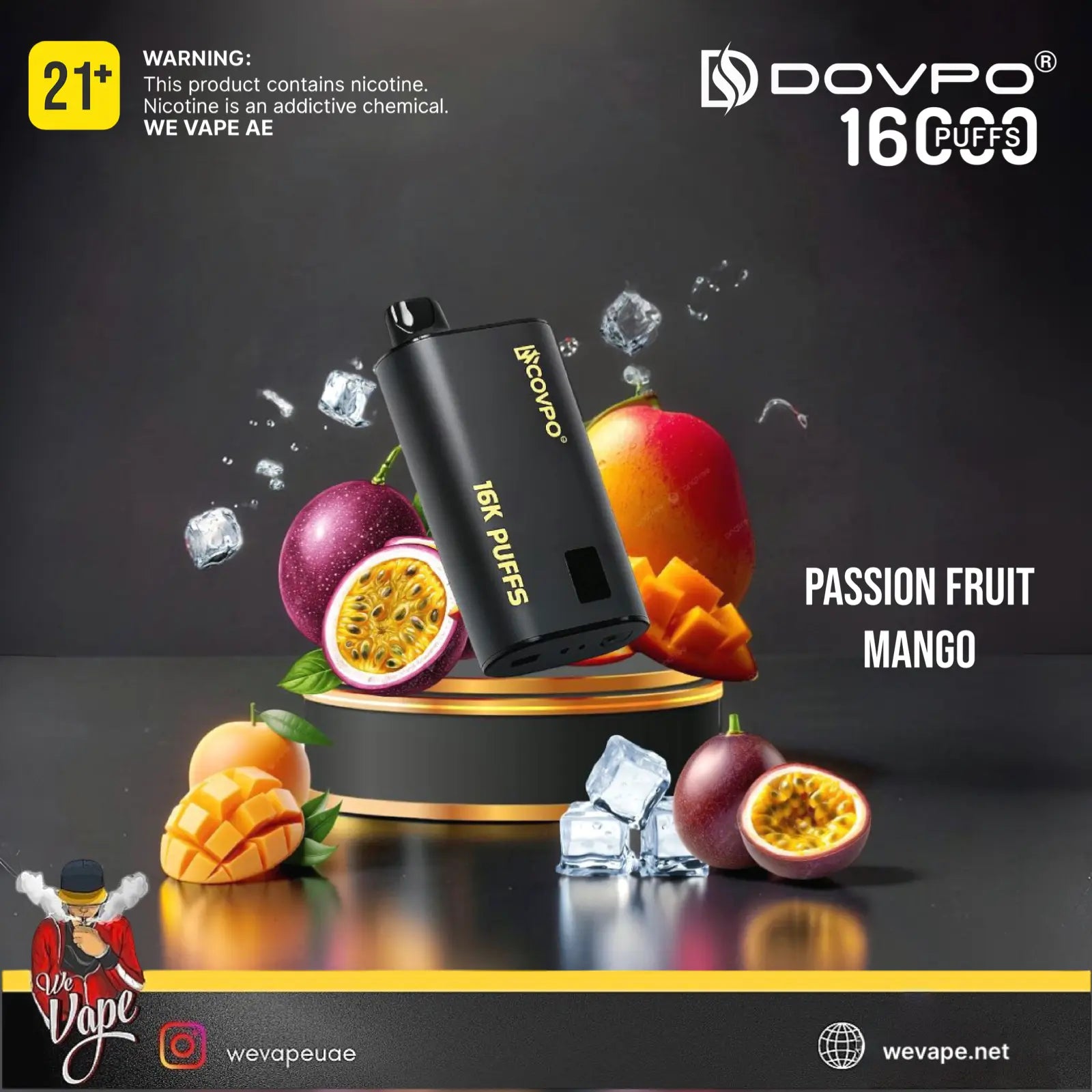 A black DOVPO 16 puff disposable vape device displayed on a gold-rimmed black pedestal, surrounded by illustrated fruits including passion fruit, mango, and ice cubes on a dark background. Text reads '16 PUFFS', 'PASSION FRUIT MANGO', and 'DOVPO 16 PUFFS'.