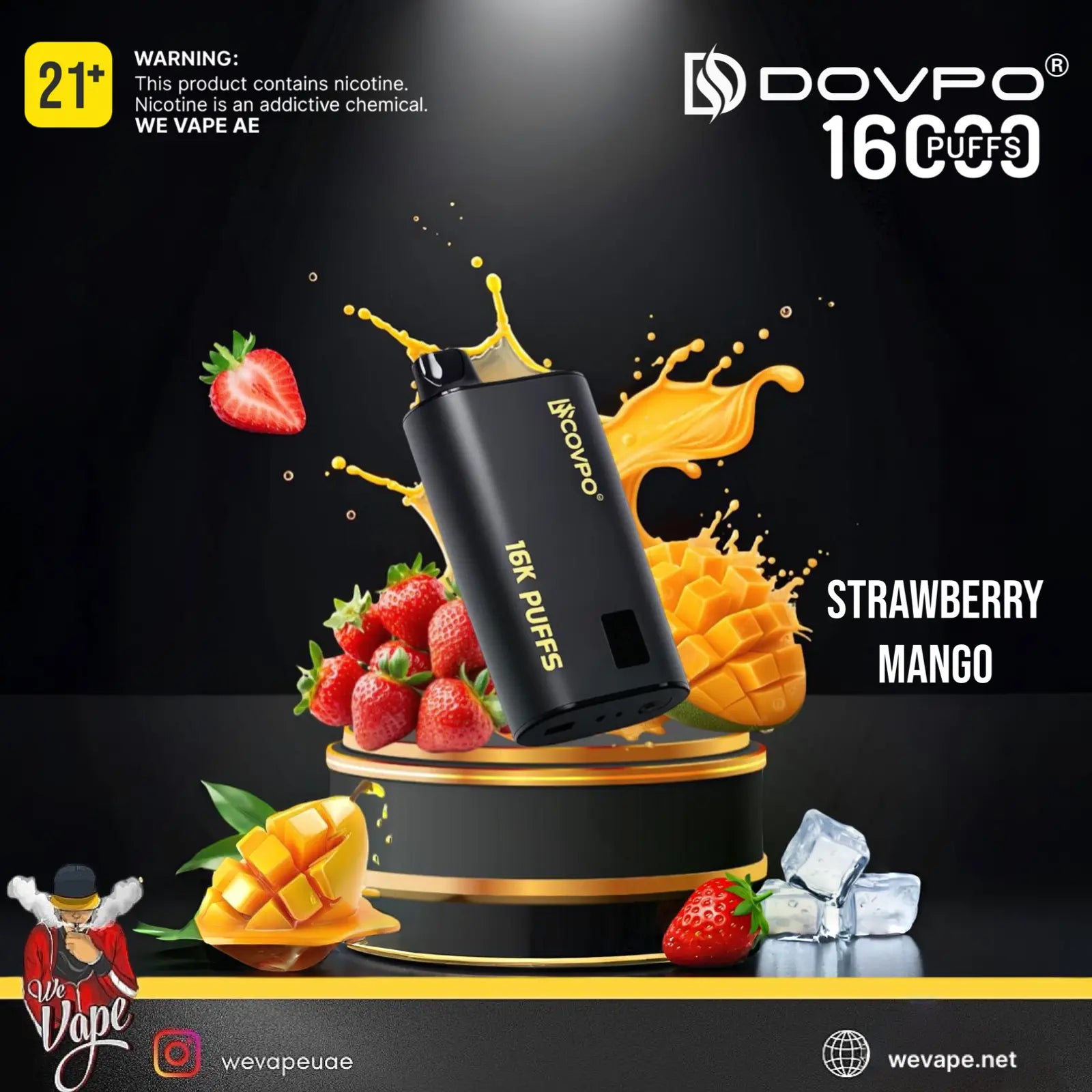 A black DOVPO 16 puff disposable vape device shown on a black promotional graphic with strawberry and mango fruit illustrations, juice splashes, ice cubes, and flavor text reading 'Strawberry Mango'.