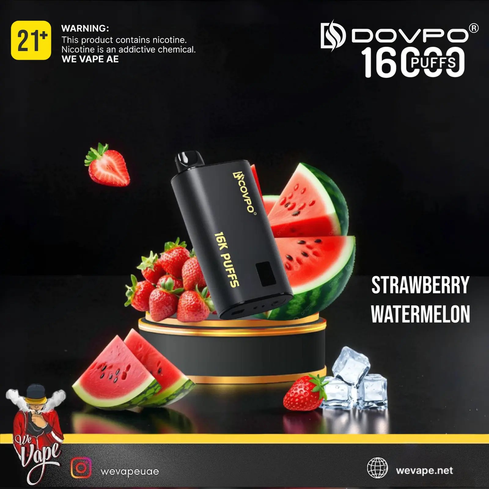 A black DOVPO 16 Puffs disposable vape device displayed on a black background with floating strawberry watermelon slices, strawberries, and ice cubes. The image includes branding, warning text, and flavor text reading 'STRAWBERRY WATERMELON'.