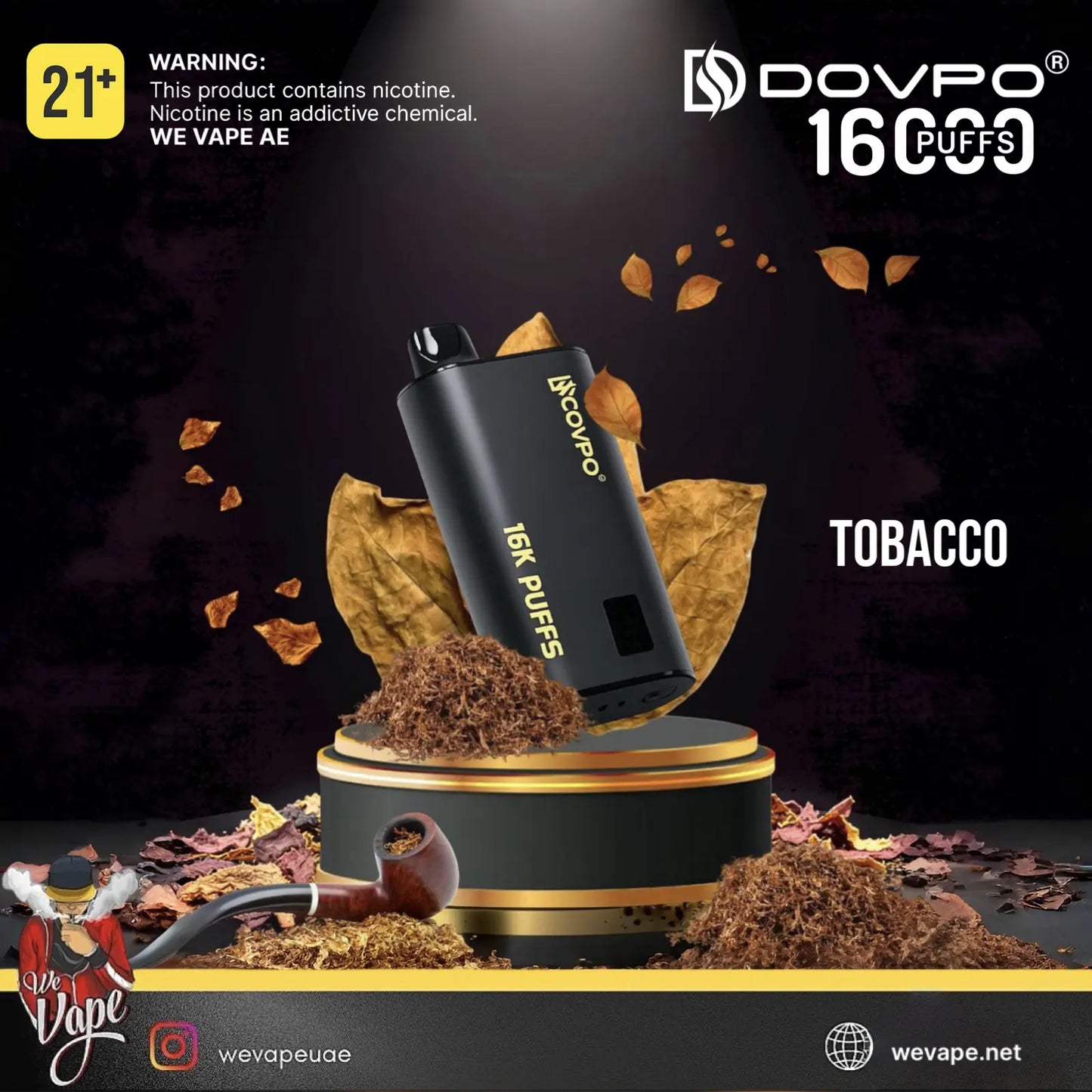A black DOVPO 16 puff disposable vape device with gold lettering, displayed on a gold and black pedestal with tobacco leaves, tobacco powder, and a pipe against a dark background. The DOVPO brand logo and '16 PUFFS' text are visible in the top right, and a warning label is in the top left.