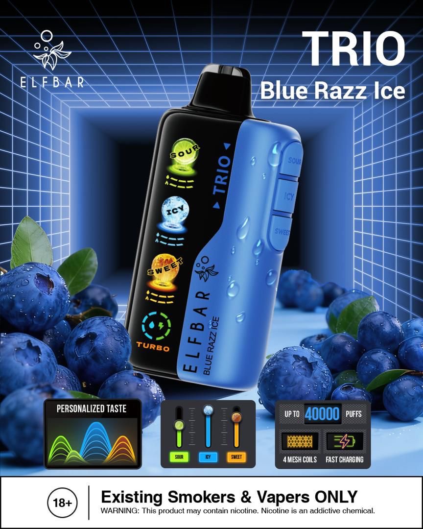 Elf Bar Trio Blue Razz Ice vape device with blueberries and product features on a blue grid background. Order Now!