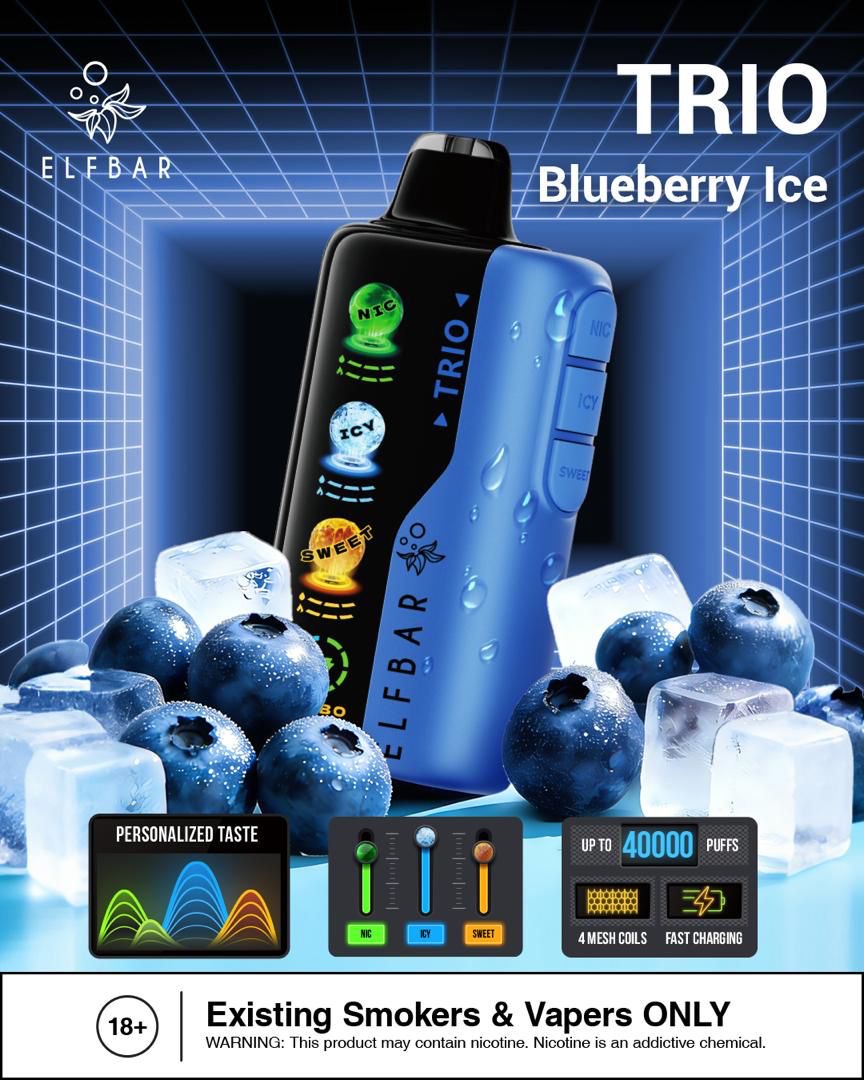 Elf Bar Trio Blueberry Ice vape device with blueberries and ice cubes on a dark background. Order Now!