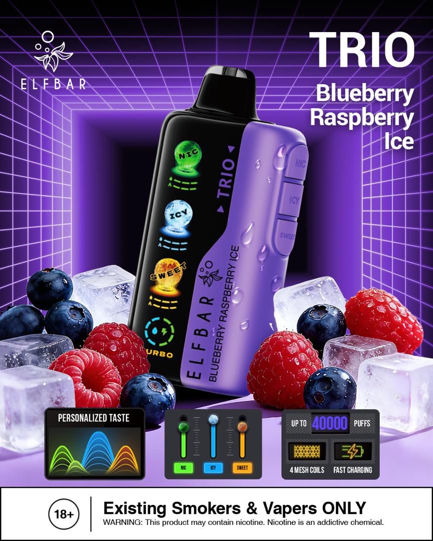 Elf Bar Trio vape device with blueberry, raspberry, and ice theme on a purple grid background. Order Now!