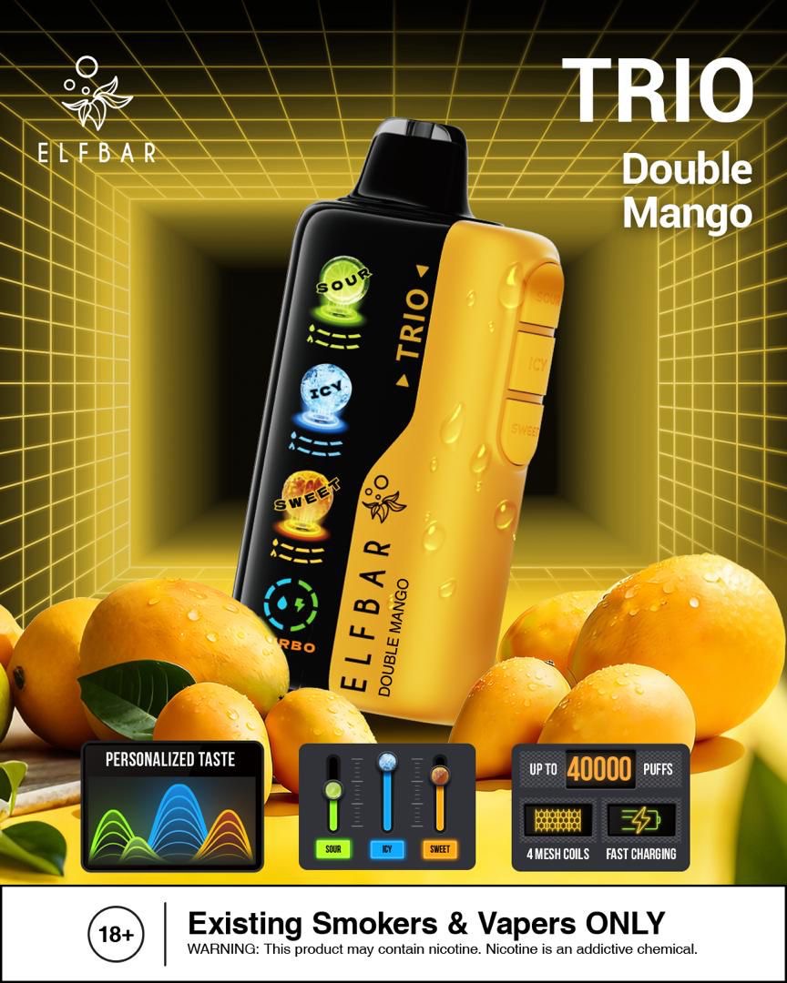 Elf Bar Trio Double Mango vape device with mangoes and product features on a yellow background. Order Now!