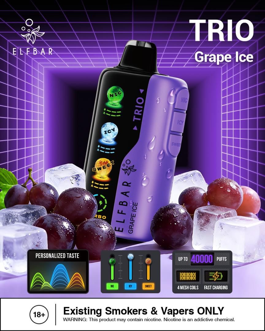 Elfbar Trio Grape Ice vape device with grapes and ice on a purple background. Order Now!