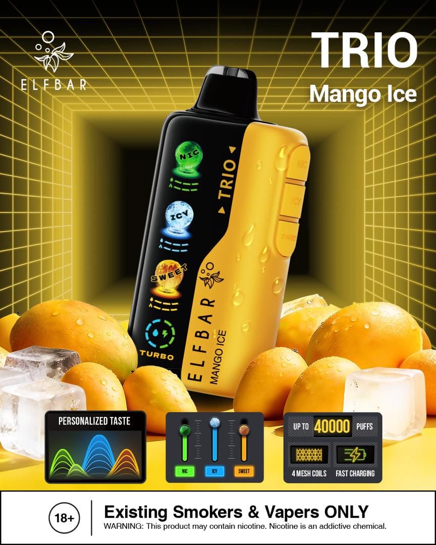 Elf Bar Trio Mango Ice vape device with oranges and ice cubes on a yellow background. Order Now!