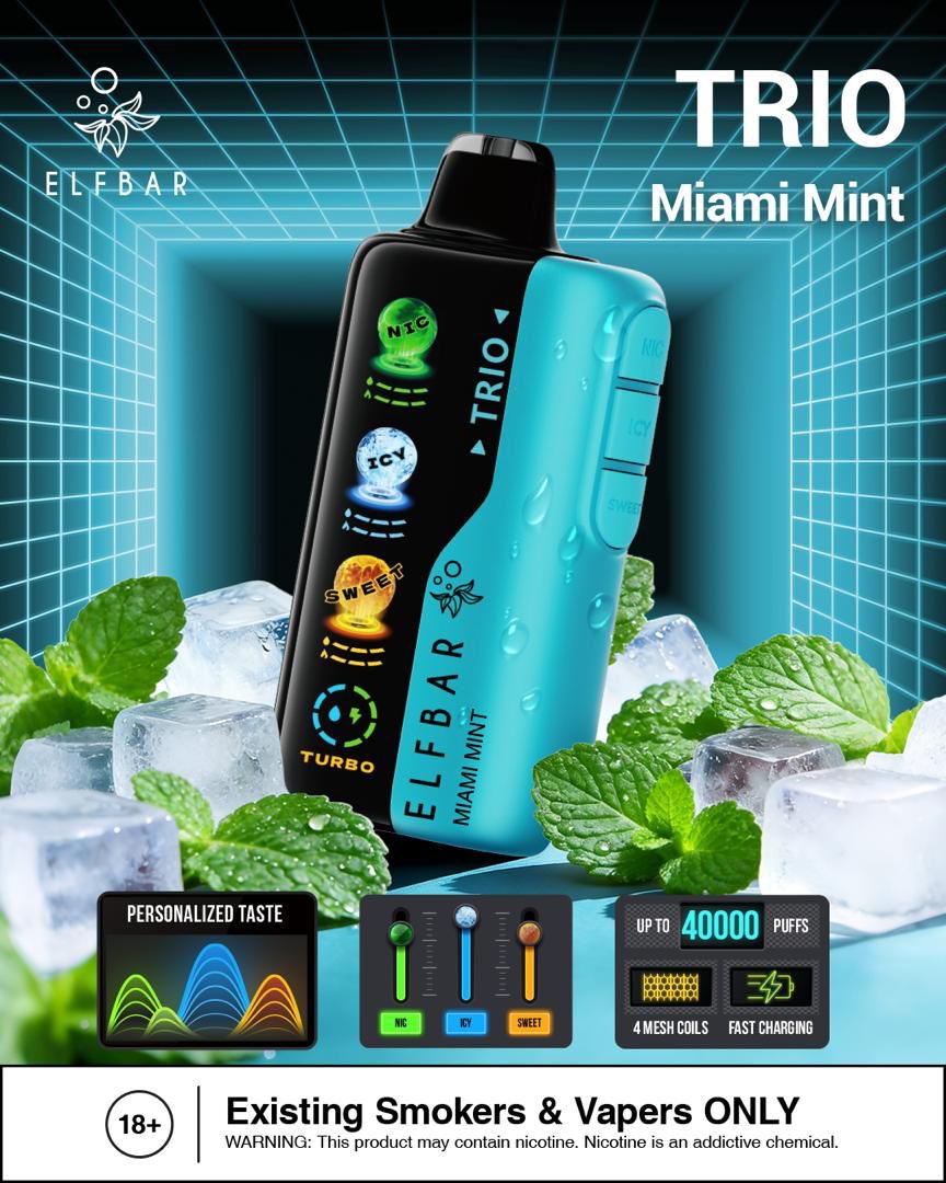 Elf Bar Trio Miami Mint vape device with mint leaves and ice cubes on a blue grid background. Order Now!