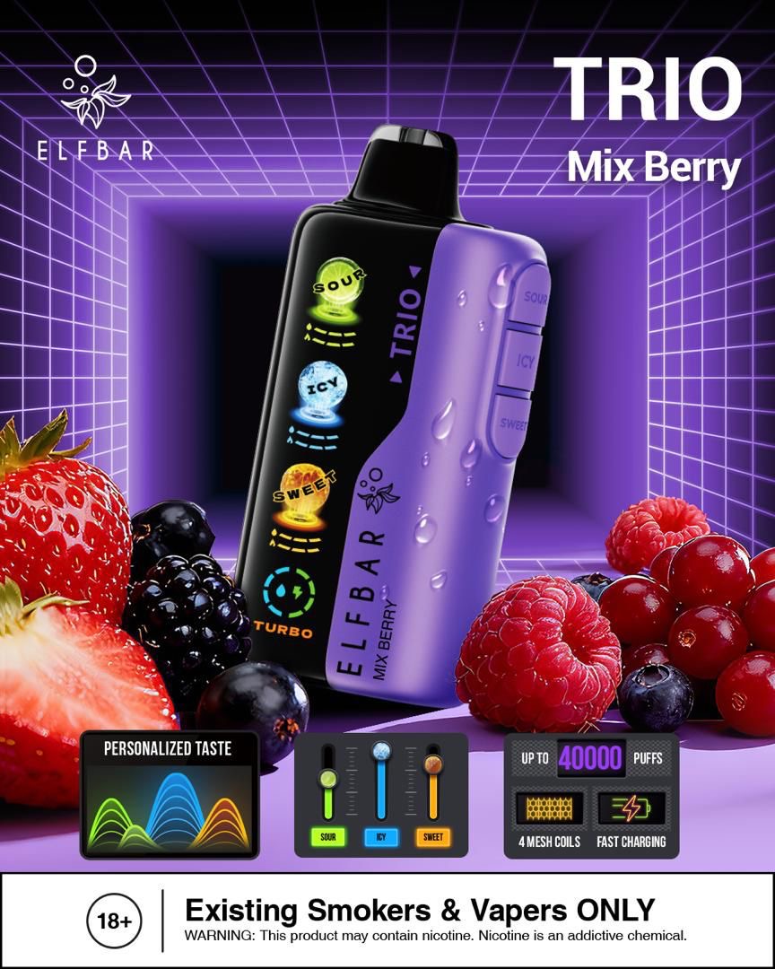 Elf Bar Trio Mix Berry vape device with fruit and technical specifications on a purple grid background. Order Now