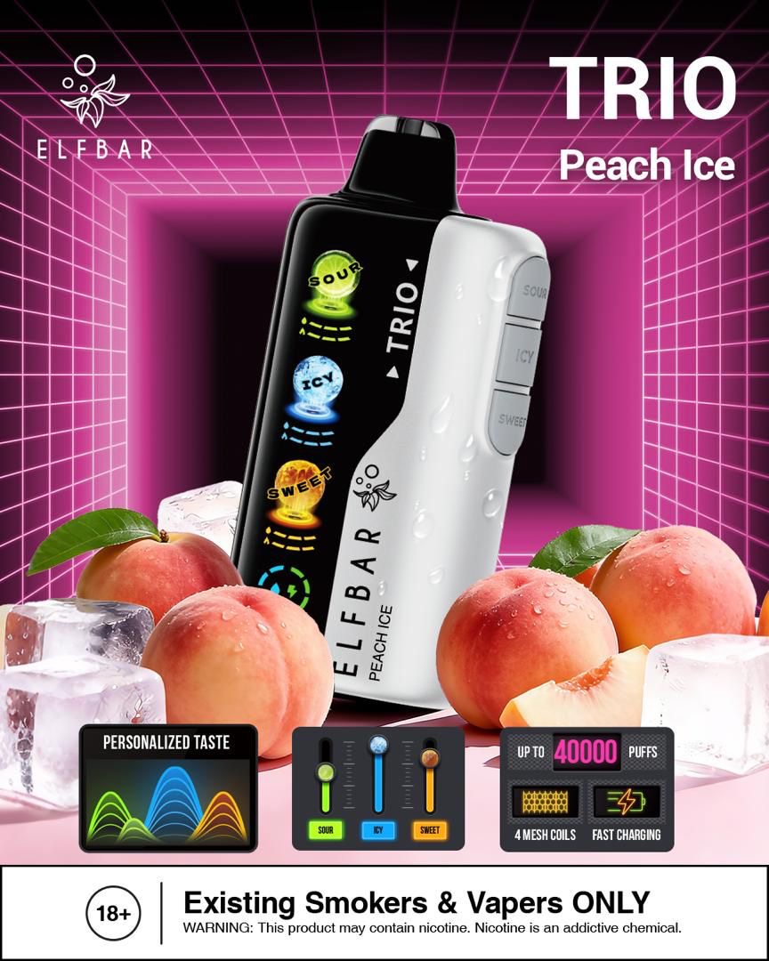 Elf Bar Trio Peach Ice vape device with peaches and ice cubes on a pink background. Order Now!