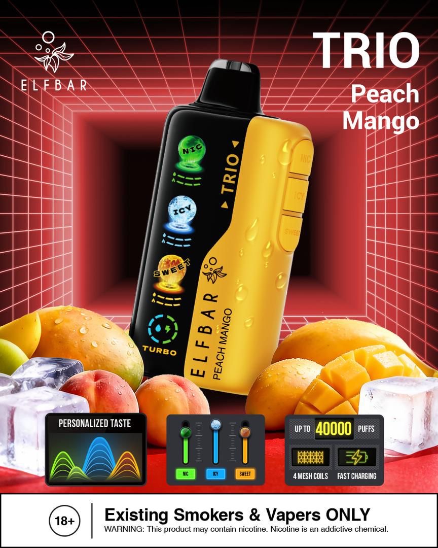 Elf Bar Trio Peach Mango vape device with fruit and ice cubes on a red grid background, Order Now